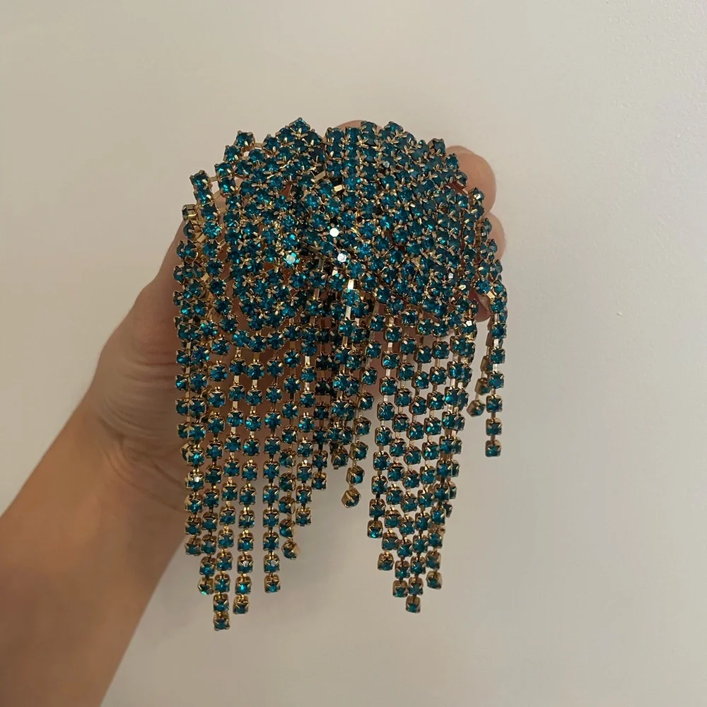 Sparkling Teal Rhinestone Fringe Hair Clip